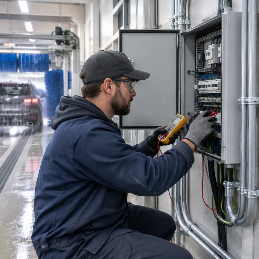 Technician testing electrical equipment inside a modern carwash bay