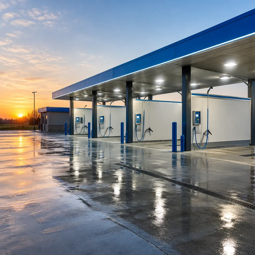 Modern commercial carwash facility at sunrise