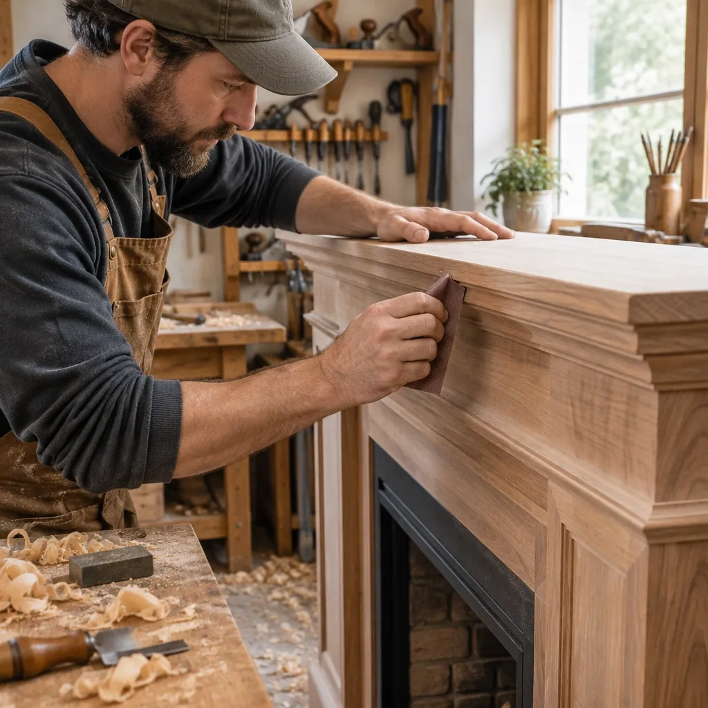 Close view of natural wood craftsmanship on a handmade fireplace mantel