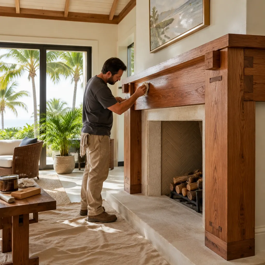 Craftsperson finishing a handmade wood fireplace mantel