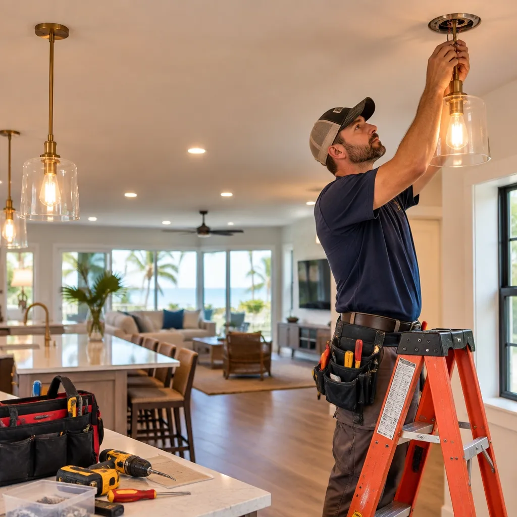 Electrician installing a pendant light in a home