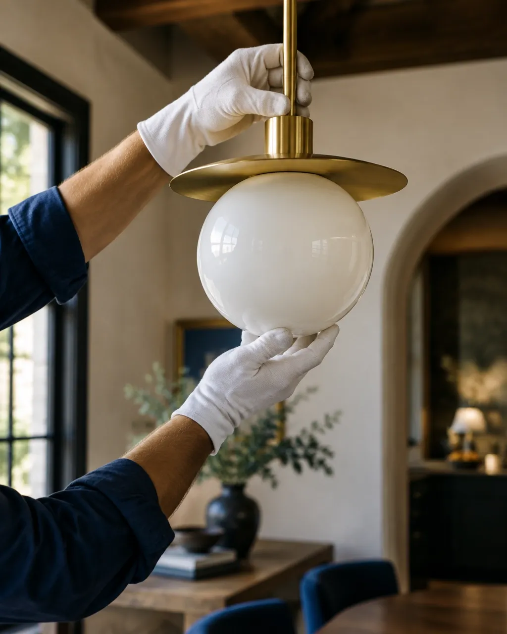 Craftsperson installing a pendant light in a finished home