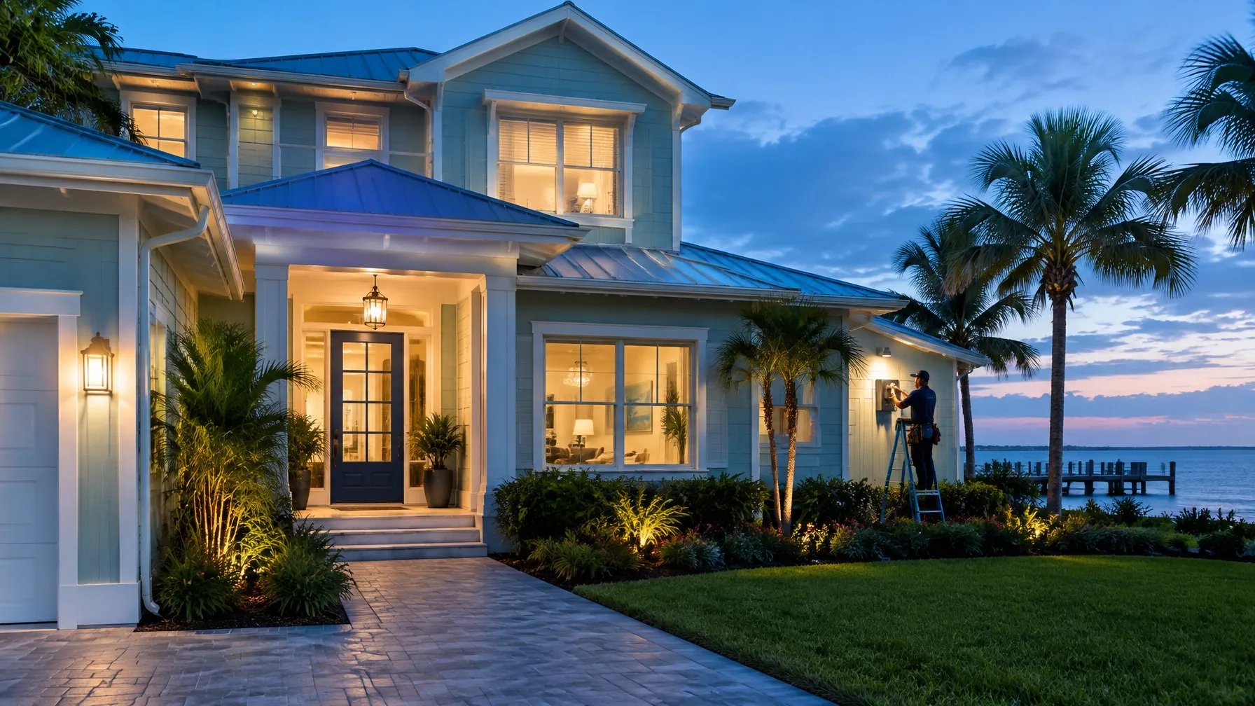 Warm lights glowing inside a Florida home at dusk