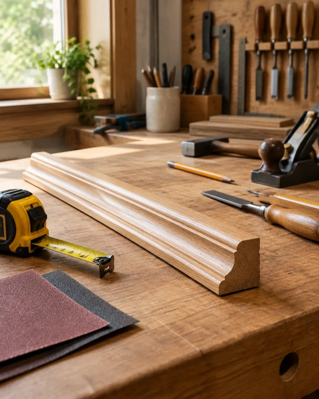 Home improvement workshop with wood trim sample and organized hand tools