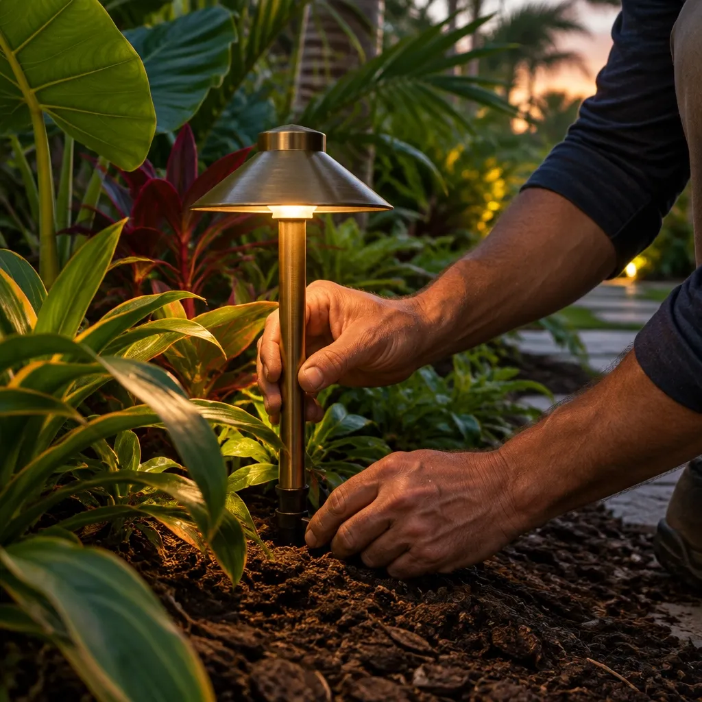 Landscape lighting detail among tropical planting at dusk