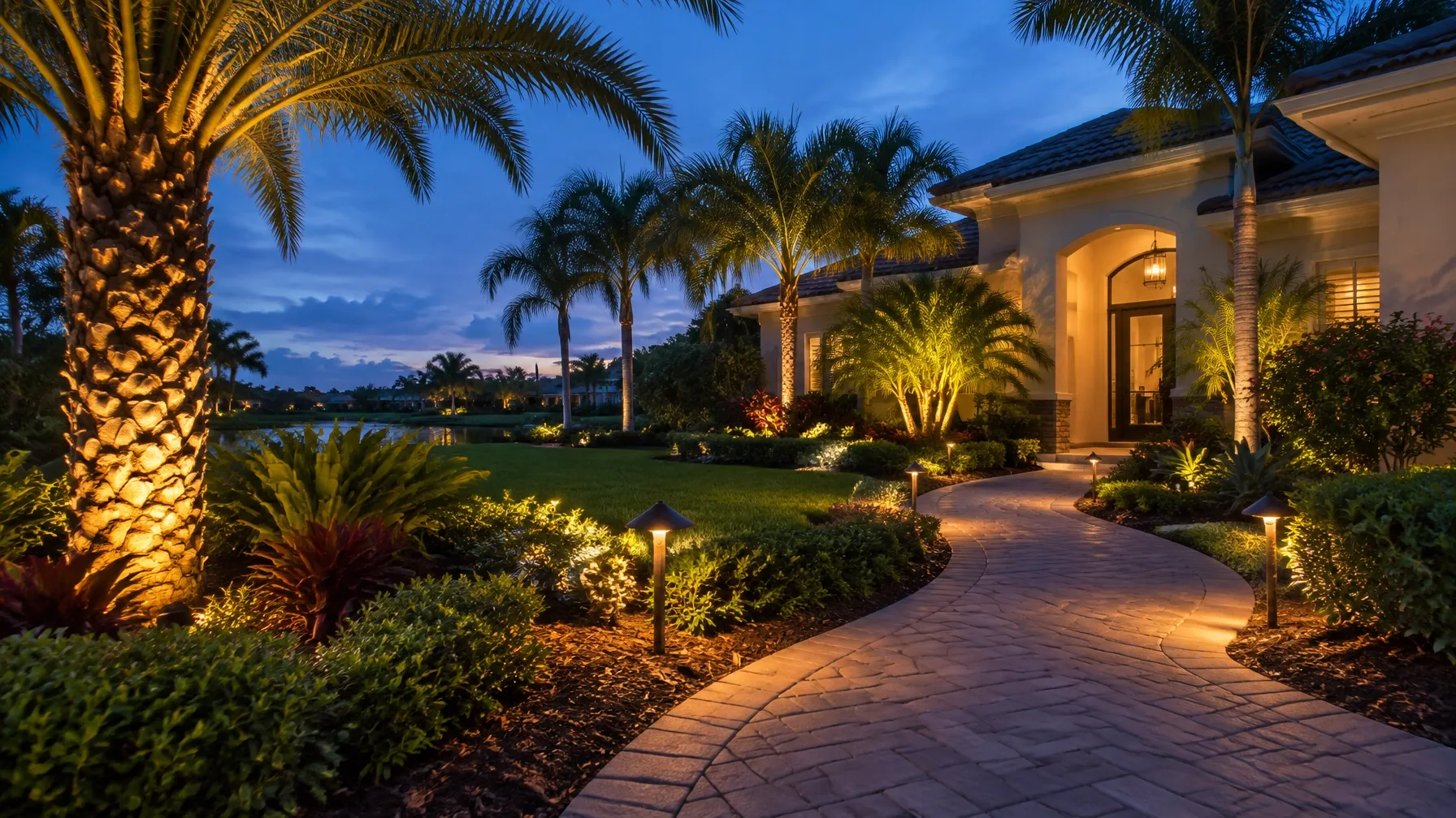 Warm landscape lights illuminating a Florida home and palm-lined walkway at dusk